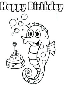 Happy Birthday Seahorse Coloring Card