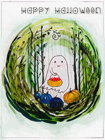 Happy Halloween Ghost in Pumpkin Patch