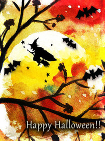 Watercolor Halloween Witch Flight