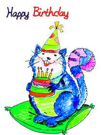 Colorful Birthday Cat with Cake